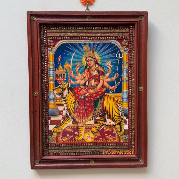 Vintage Maa Durga Print: Framed Hindu Goddess Art, Indian Decor (12x16")