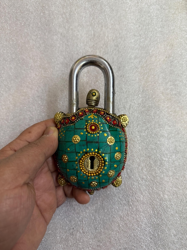 Brass Turtle Lock: Vintage Indian Padlock With Stone Work - Etsy