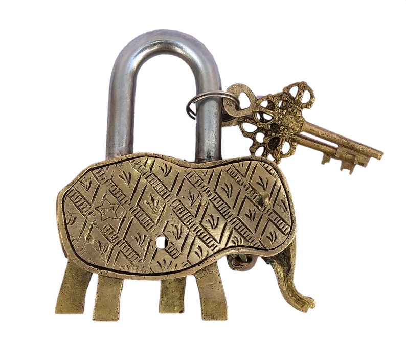 Unique Collectible Combination Door Security Lock with 2 Key Handmade Antique Design Vintage Elephant Shape lock Brass Elephant Lock
