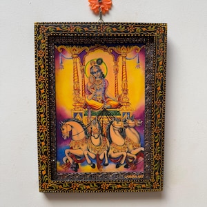 Vintage Hand-Painted Krishna Photo Frame: Hindu God Art, Home Decor (9x12 Inch