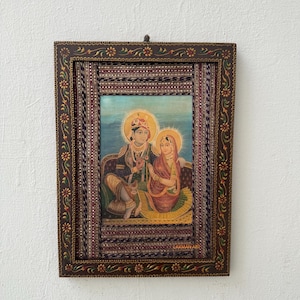 Old Radha Krishna Picture, Hand-Painted Teak Wood Frame Wall Hanging frame (12x16 Inch)