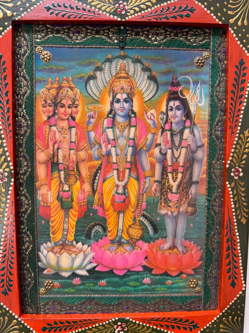 Vintage Tridev Frame Print: Brahma Vishnu Mahesh, Hindu Gods Wall Art ...