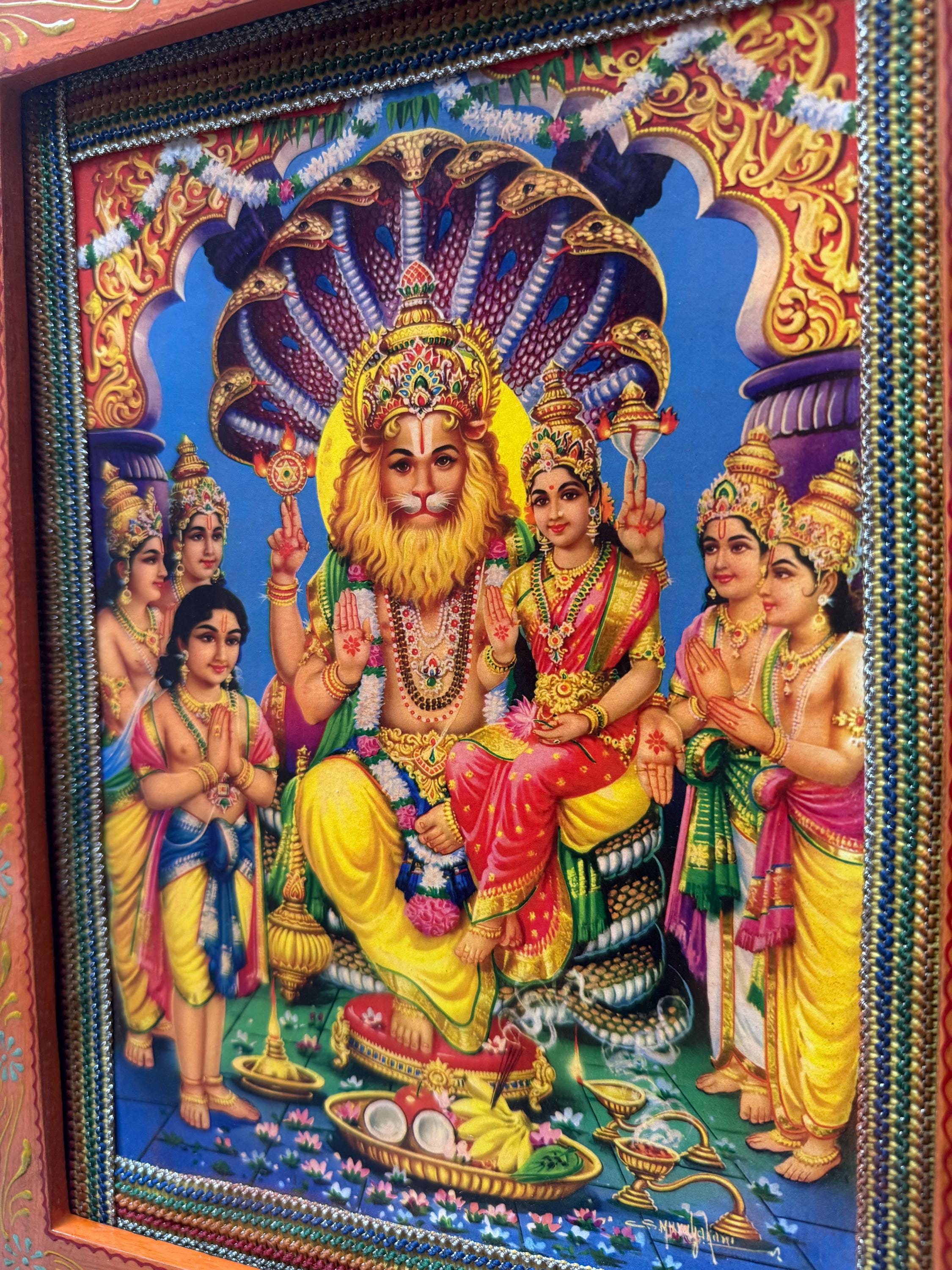 Vintage Narasimha Swamy Picture: Hindu God Photo in Painted Wooden ...