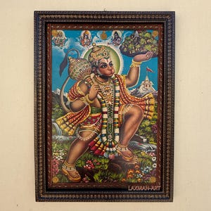 Old Photo Hanuman, Bajrangbali Photo, Indian Deities, God Photo, Wall Art Wall Hanging Wooden Wall Decor Painted Frame - 16 x 22 Inch