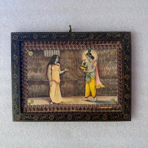 Vintage Krishna Draupadi Picture Frame: Handmade Painted Wood India God Art