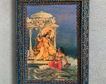 Indian God Photo, Baglamukhi Mata Photo Frame, Vintage Indian Gods Deity Photo, Wooden Religious Painted Frame for pooja decor-8.5x11.5"