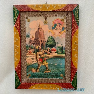 Frame Picture Hanuman, Vintage Indian Deities Photo, God Picture, Wall Art, Wall Hanging Wooden Wall Decor Wooden Painted Photo Frame- 9x12&quot;
