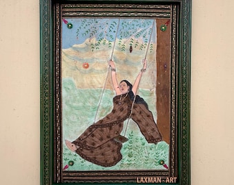 インドの細密画：鹿と女性、自然アート（10.5x13.5インチ） - Etsy 日本