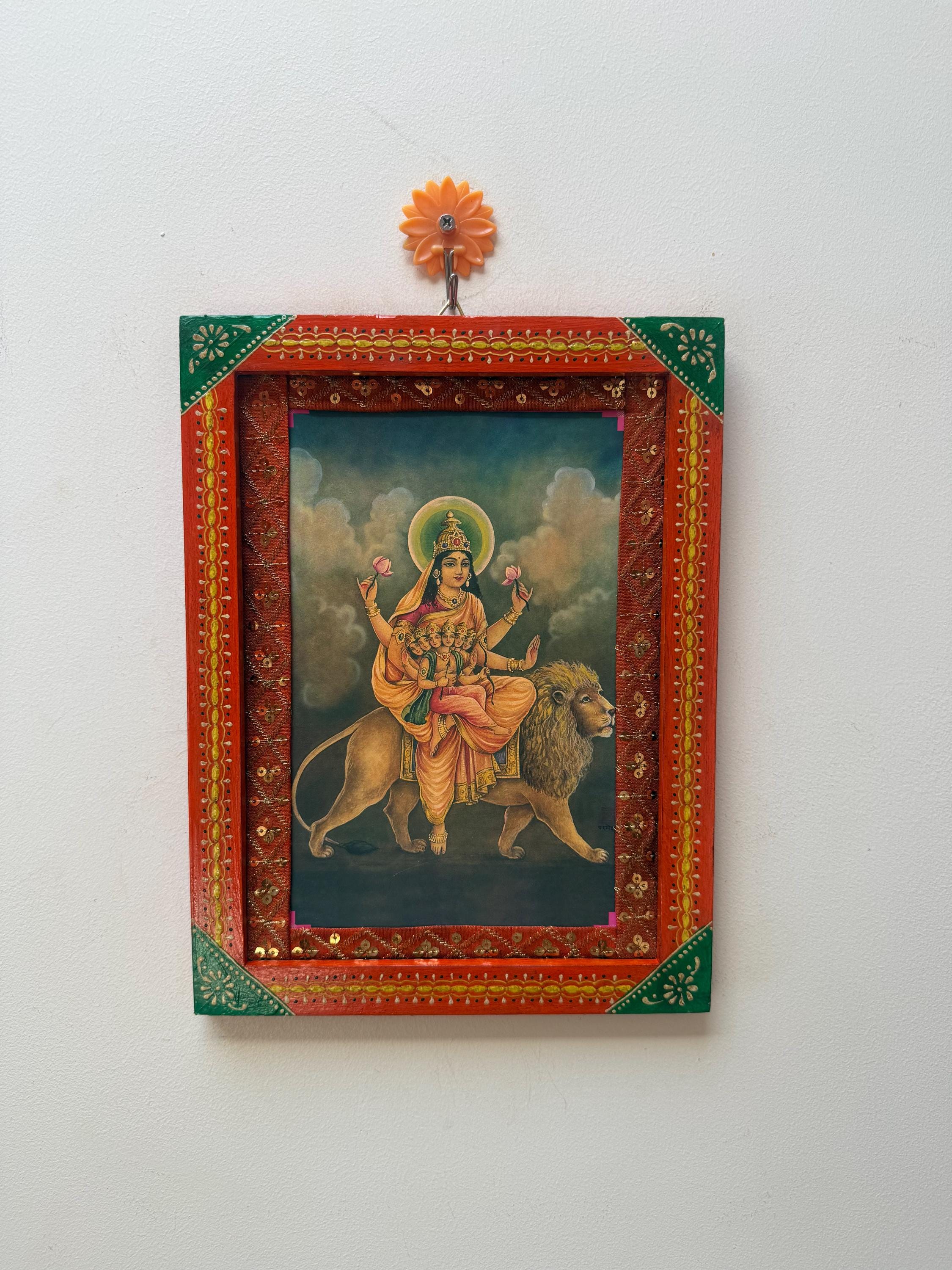 Skandamata Durga Photo: Vintage Hindu Goddess Art in Wooden Frame Wall ...