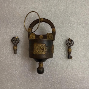 Vintage Brass & Iron Puzzle Padlock: Handmade Antique Lock with 2 Keys