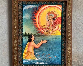 God Surya Dev, Yudhishthira Photo, Akshaya Patra donated to Yudhishthira by Surya dev, Indian Hindu God Deitiy Vintage Photo Frame-8.5x11.5"
