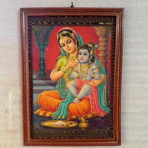 Vintage Bal Krishna Photo: Hand-Painted Hindu God Art, Wooden Frame