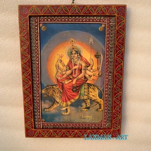 Wall Art Picture Frame, Chandraghanta Durga Mata, Indian Goddess Vintage Painted Photo Frame, Wooden Hindu Religious God Deity  Photo- 9x12&quot;