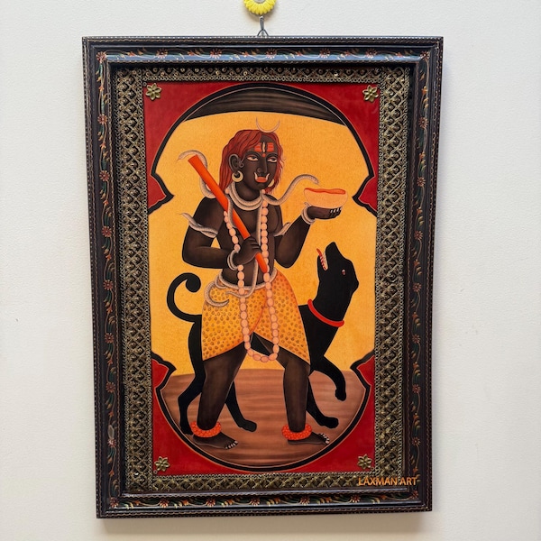 Vintage Maha Kaal Bhairav Picture: Hand-Painted Wooden Frame Wall Art Decor  (16 x 22")