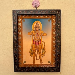Vintage Picture Frame Hanuman, Bajrangbali Photo, Indian Deities, God Photo, Wall Art  Wall Hanging Wooden Wall Decor Painted Frame -9 x 12&quot;