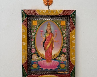 Lakshmi Picture Frame: Vintage Indian Hindu Goddess Photo Wooden Wall Art Decor (9x12 Inch)