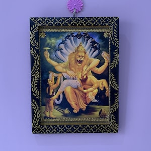 God Photo Lord Narasimha Frame,  Narasimha killing Hiranyakashyap, Indian Hindu Gods Vintage Religious Photo Wall Hanging, Decor Frame-9x12&quot;