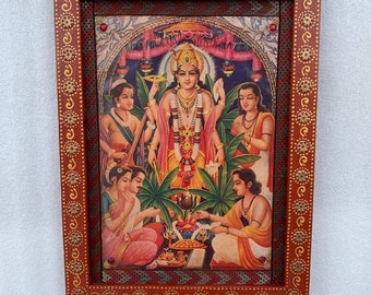 Vintage Lord Vishnu Photo, A Frame of Satyanarayn God pooja, India God Old Antique photo frame, Religious handmade painted frame - 8.5x11.5"