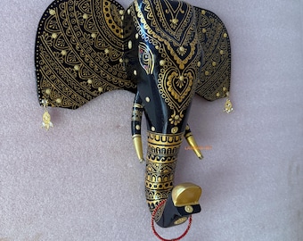 Handpainted Elephant Head Wall Decor: Brass Jewelry, Wooden Sculpture