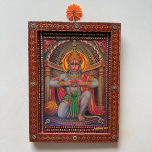 Hanuman Photo Frame, Bajrangbali Photo, Vintage Indian Deities, God Picture, Wooden Wall Hanging Wall Decor Picture Painted Frame - 9 x 12 &quot;