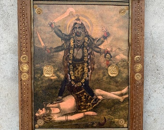 Old Kali Mata Photo, Maha Kali with Shiva Picture, Wooden Painted frame, Hindu Gods Photos, Indian Deity Religious Photo - 8.5x11.5"