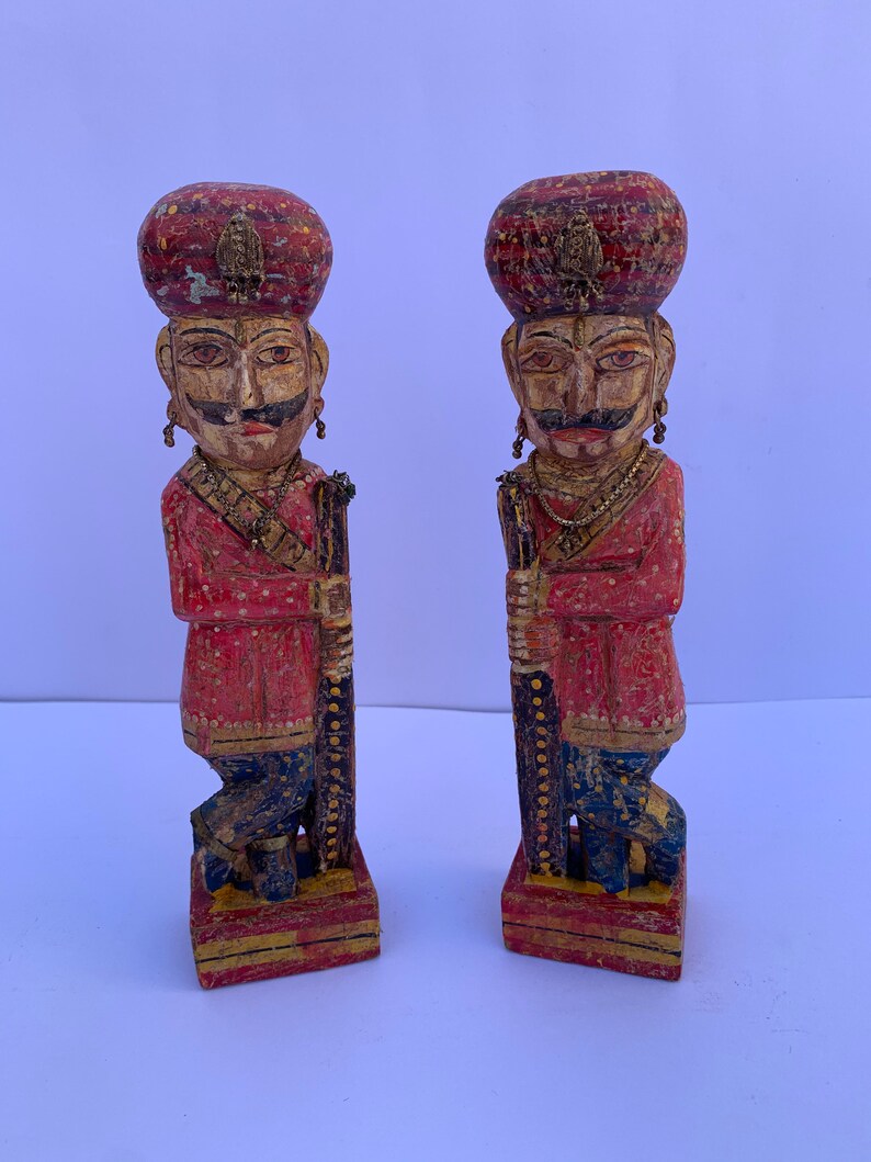 9 Inch Laxman Art Vintage Old Handicraft Wooden Hand Painted Welcome ManGate ManChowkidarRoyal GuardFigurine Statue Showpiece in Pair