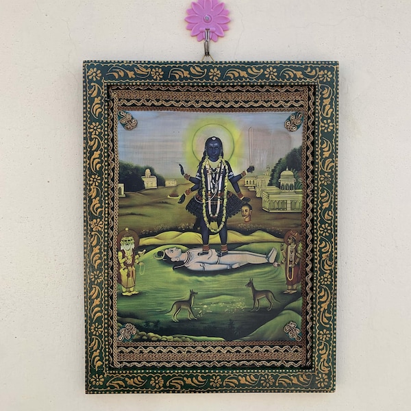 Vintage Kali Print in Hand-Painted Wooden Frame: Hindu God Shiva, Indian Religious Art (9x12")