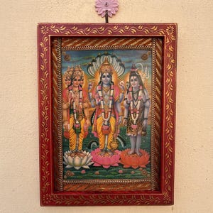 Frame Photo Brahma Vishnu Mahesh, Indian God Photo, Vintage God Tridev, Wall Hanging, Wall art, Wall Decor, Wooden Painted Frame - 9 x 12&quot;