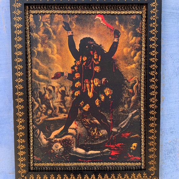 Frame Photo Kali, Maha Kali Picture, Vintage Indian Hindu Goddess Photo, Indian Deity Religious Photo, Wall Decor Painted Frame -8.5 x 11.5"