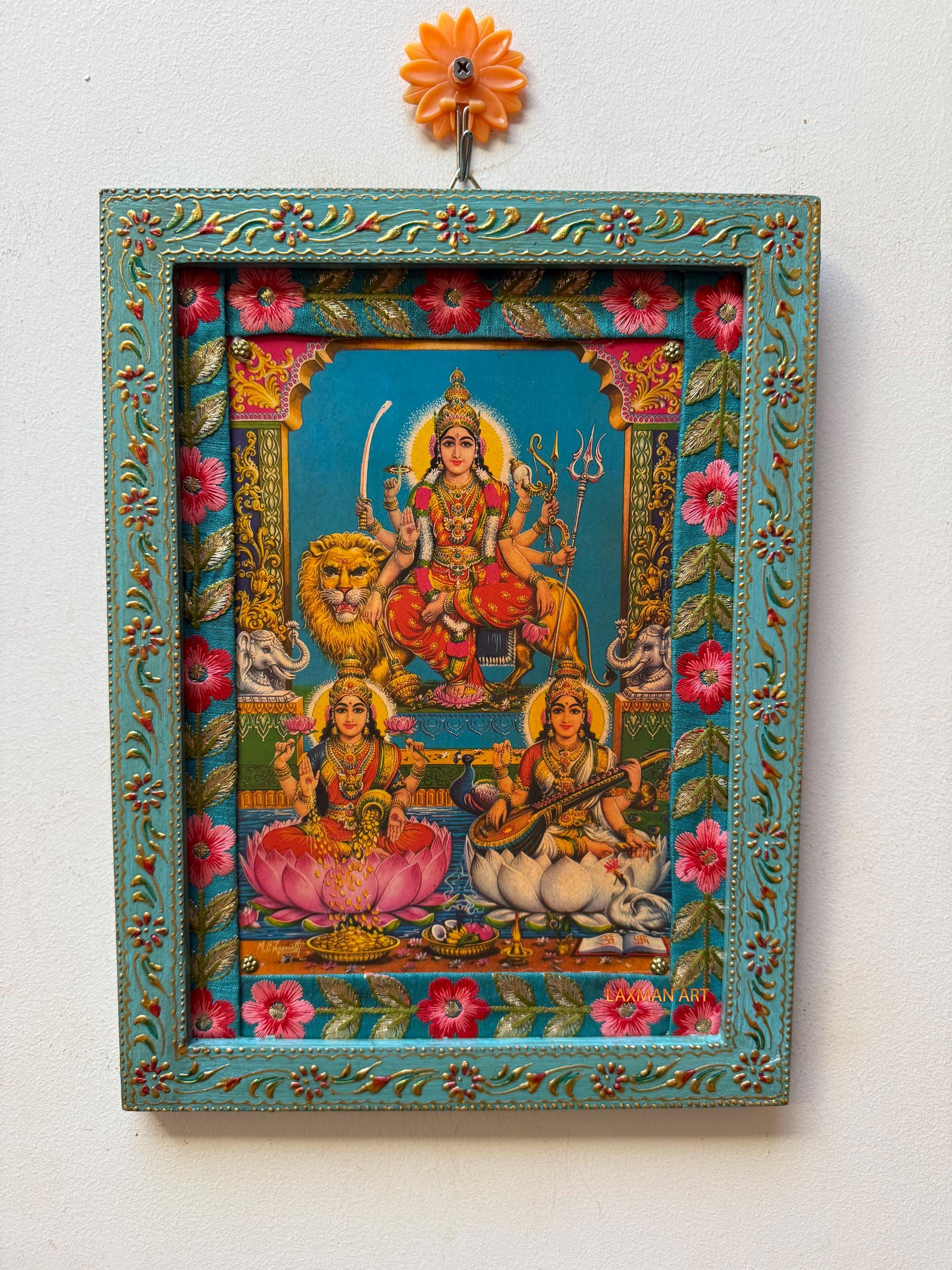 Vintage Durga Mata Lakshmi Saraswati Picture Wooden Frame: Indian