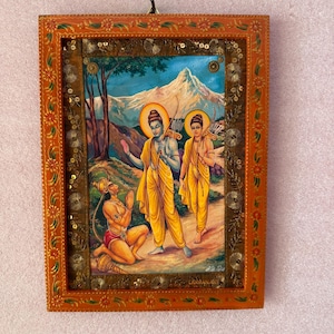 Picture Frame Ram Hanuman, Vintage Indian Deities Photo, God Picture, Wall Hanging, Wooden Wall Art Decor Painted Photo Frame - 9 x 12 &quot;