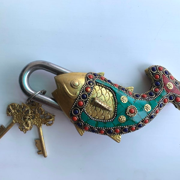Lock Brass Fish design, Fish Shaped lock Stone work, Handmade Antique Design, Unique Collectible Combination Door Security Lock with 2 Key