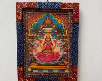 Goddess Lakshmi Picture Frame: Hand-Painted Vintage Indian Laxmi Mata Wooden Wall Decor (9x12")