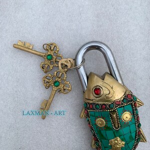 Brass Fish Lock: Handmade Antique Design With Stone Work & 2 Keys - Etsy