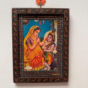 Vintage Krishna & Yashoda Photo Frame: Hand-Painted Hindu Art, 9x12&quot;
