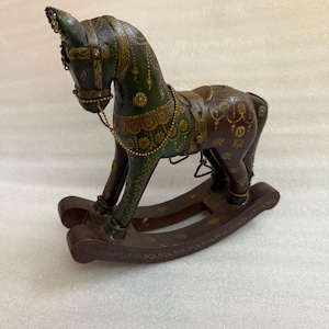 Vintage Wooden Rocking Horse: Hand-Painted Indian Art Decor (10 Inch)