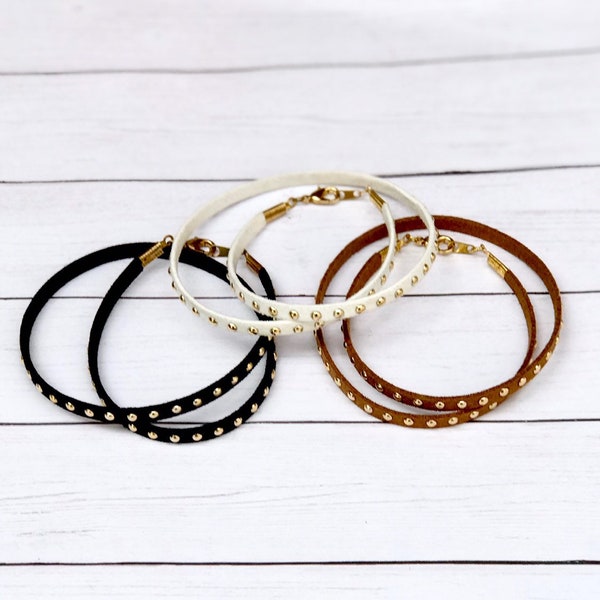 Double Wrap Gold Studded Leather Strip Bracelet In Black/Ivory/Brown