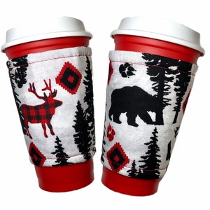 Buffalo Plaid Woodland Creatures Eco Friendly Reusable Beverage Sleeve/Cozy