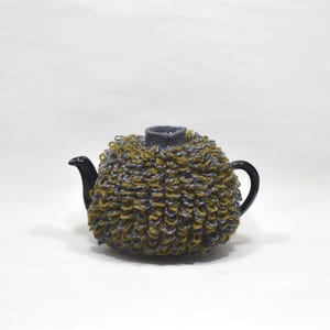 Loopy pure wool tea cosy, small size, olive green and bluey grey