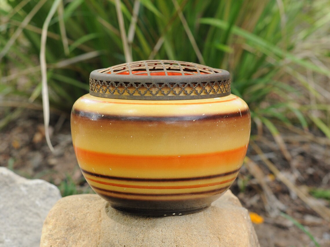 Vintage English Ceramic Vase / Painted Art Deco Vase / Brass Etsy