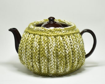 Large teapot cosy in pure wool / hand knitted tea cosy / lime green and cream tweed