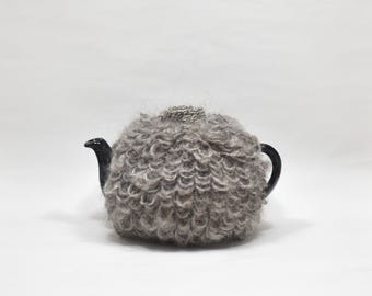 Fluffy pure wool tea cosy, small size, natural greys