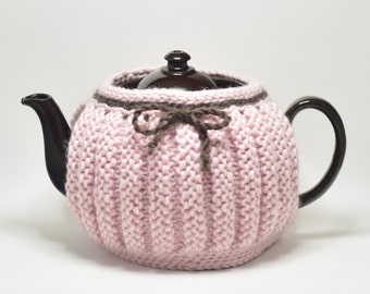 Large teapot cosy in pure wool / hand knitted tea cosy / girly pink and brown