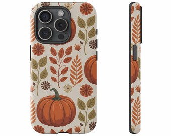 May include: A phone case with a fall-themed design. The case features a repeating pattern of orange pumpkins, brown leaves, and tan flowers on a cream background. The side view shows the same pattern.