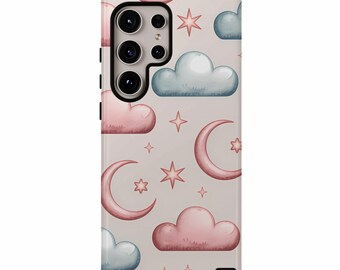 Pastel Clouds Stars Moon Samsung Galaxy Phone Case, Cute Celestial Design, Dreamy Sky Pattern Phone Cover, Stylish Phone Protection