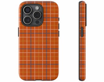 May include: A phone case with a plaid pattern in shades of orange, brown, and gray. The case is shown from the front and side, highlighting the design and the camera cutout.