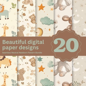Puede incluir: Una colección de 20 diseños de papel digital con un paquete de patrones neutros para recién nacidos. Los diseños presentan ilustraciones de animales, estrellas, nubes y lunas en colores pastel suaves. Se muestra el texto "Beautiful digital paper designs".