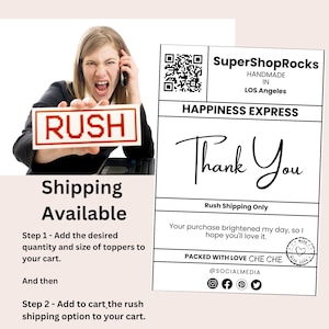 Puede incluir: Una tarjeta blanca con texto negro que dice "SuperShopRocks Hecho a mano en Los &Aacute;ngeles Happiness Express Gracias  Env&iacute;o r&aacute;pido  Tu compra alegr&oacute; mi d&iacute;a, espero que te guste. Empaquetado con amor CHE CHE @SOCIALMEDIA" con iconos para Instagram, Facebook, Pinterest y Twitter. La tarjeta tambi&eacute;n tiene un coraz&oacute;n rojo con las palabras "Hecho con amor" dentro.