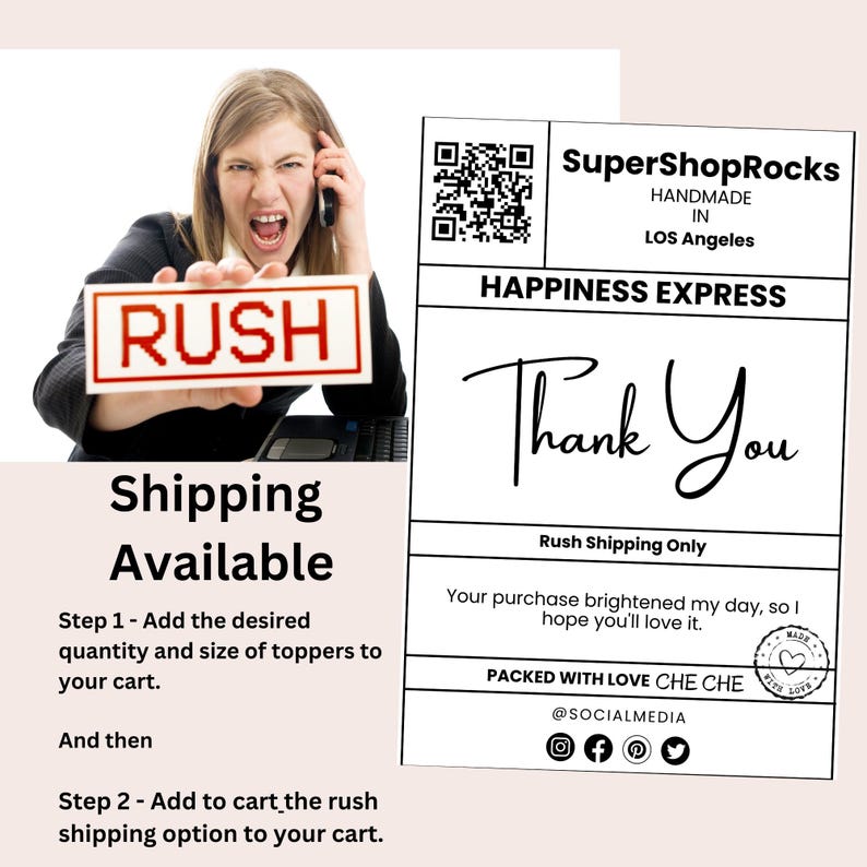 Puede incluir: Una tarjeta blanca con texto negro que dice "SuperShopRocks Hecho a mano en Los &Aacute;ngeles Happiness Express Gracias  Env&iacute;o r&aacute;pido  Tu compra alegr&oacute; mi d&iacute;a, espero que te guste. Empaquetado con amor CHE CHE @SOCIALMEDIA" con iconos para Instagram, Facebook, Pinterest y Twitter. La tarjeta tambi&eacute;n tiene un coraz&oacute;n rojo con las palabras "Hecho con amor" dentro.