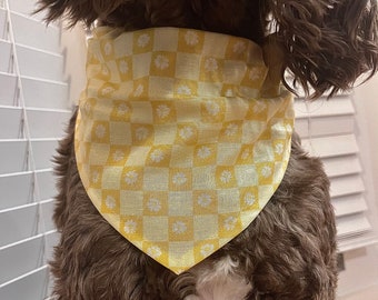 Yellow Flower Checkered Dog Bandana Accessory, Machine Washable, Over the Collar